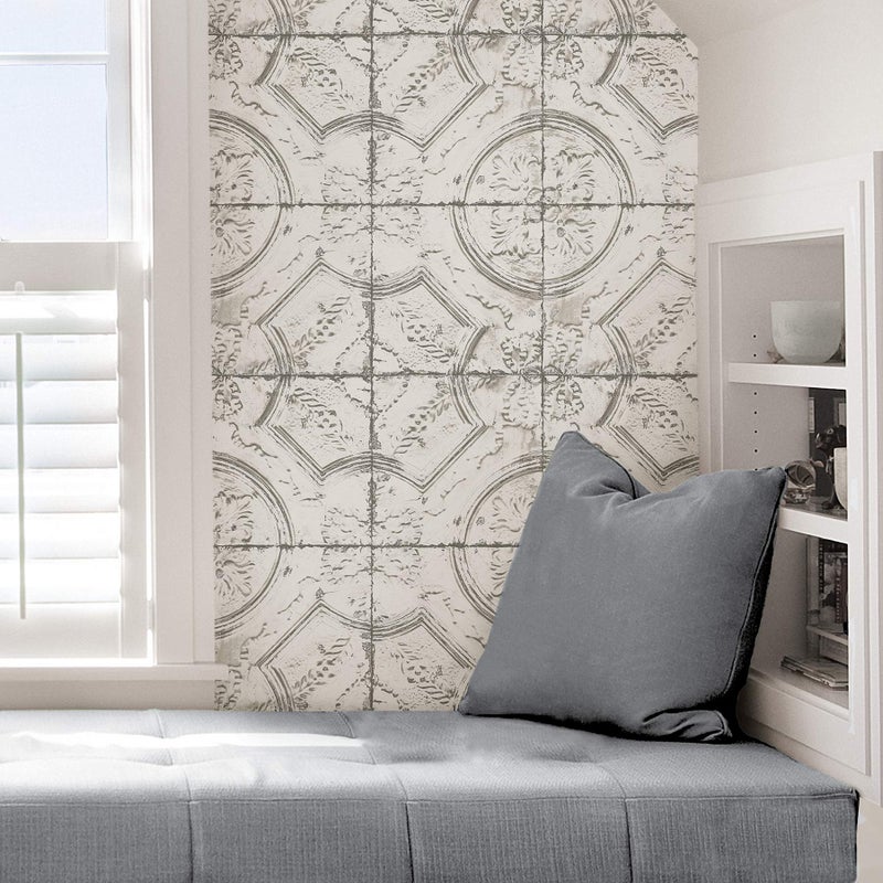 InHome NHS3711 Newport Tin Tile Peel Stick Wallpaper, White & Off-White - Image 5